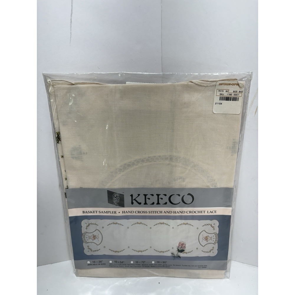 Keeco Basket Sampler Hand Cross Stitch and Crochet‎ Lace Ecru 16x36 Vintage NEW